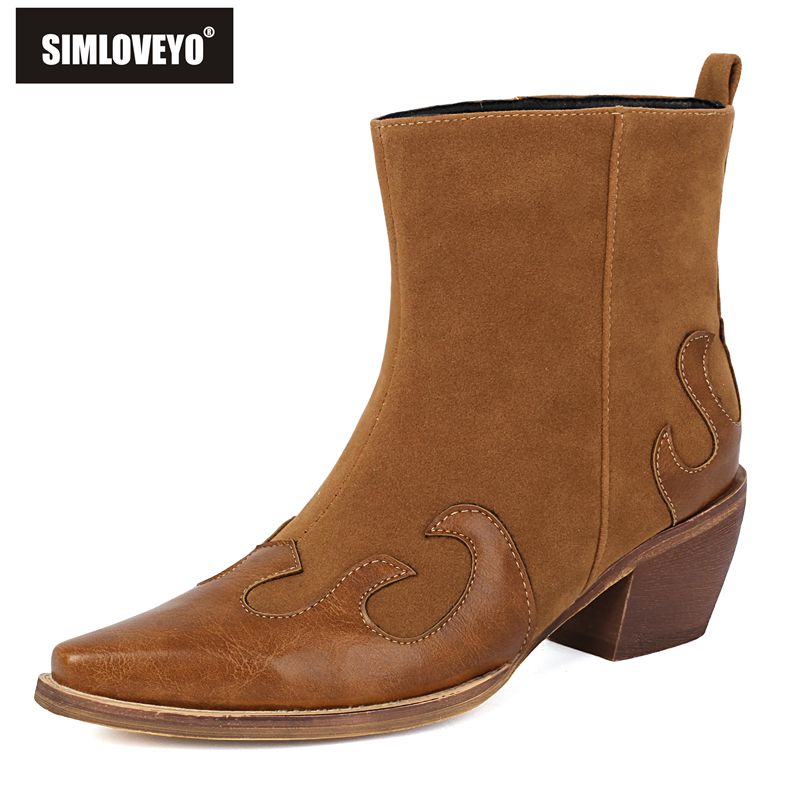 Block Heel Ankle Boots - SIMLOVEYO2025 New Cowboy Ankle Boots Square