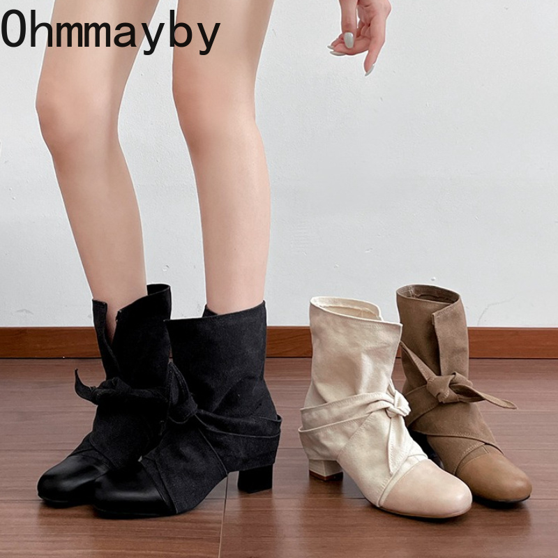 Block Heel Ankle Boots - Women Round Toe Spliced Suede Ankle