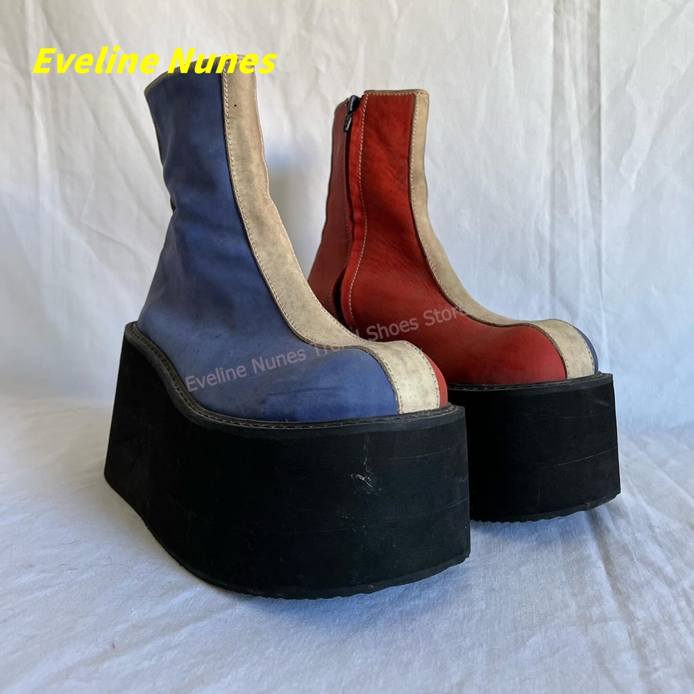 Block Heel Ankle Boots - Y2K Red Blue Platform Ankle Boots