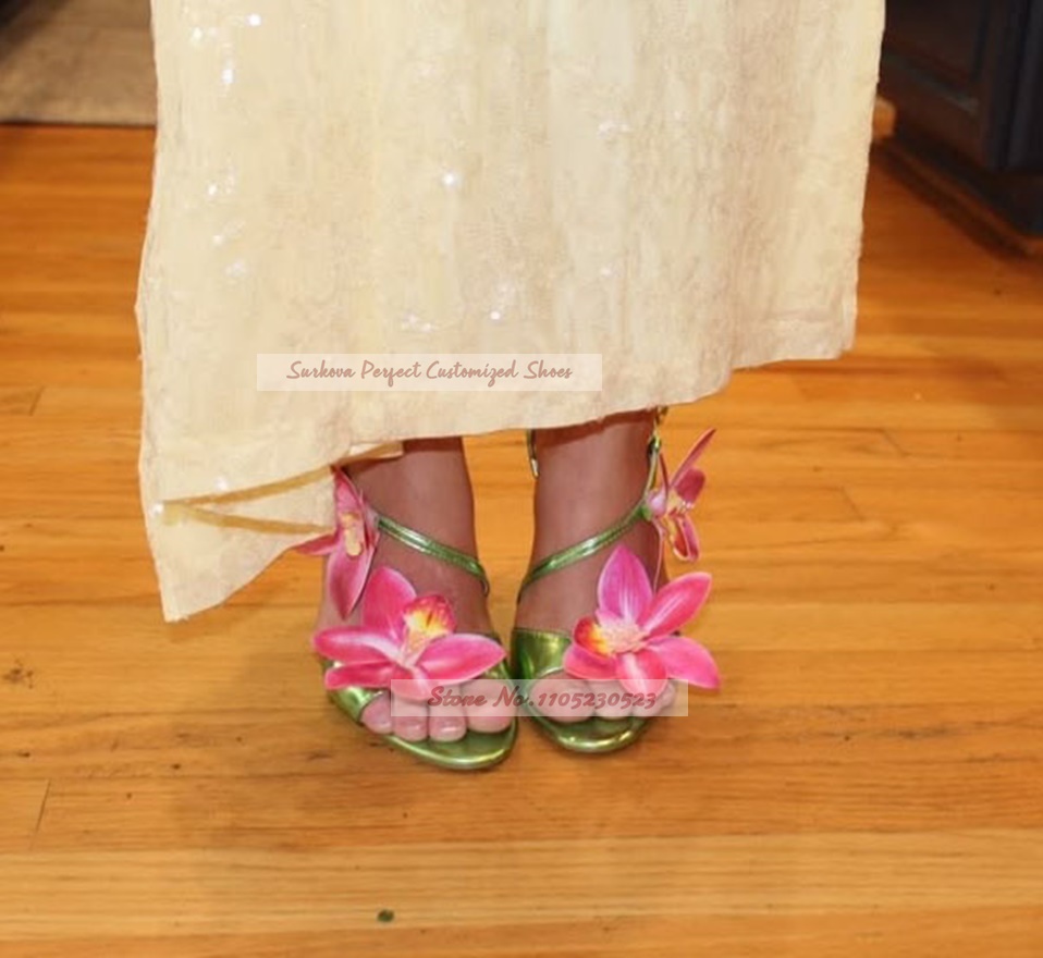 Women'S Shoes Yellow - Metalic Matte Slingback Flowers Decor High