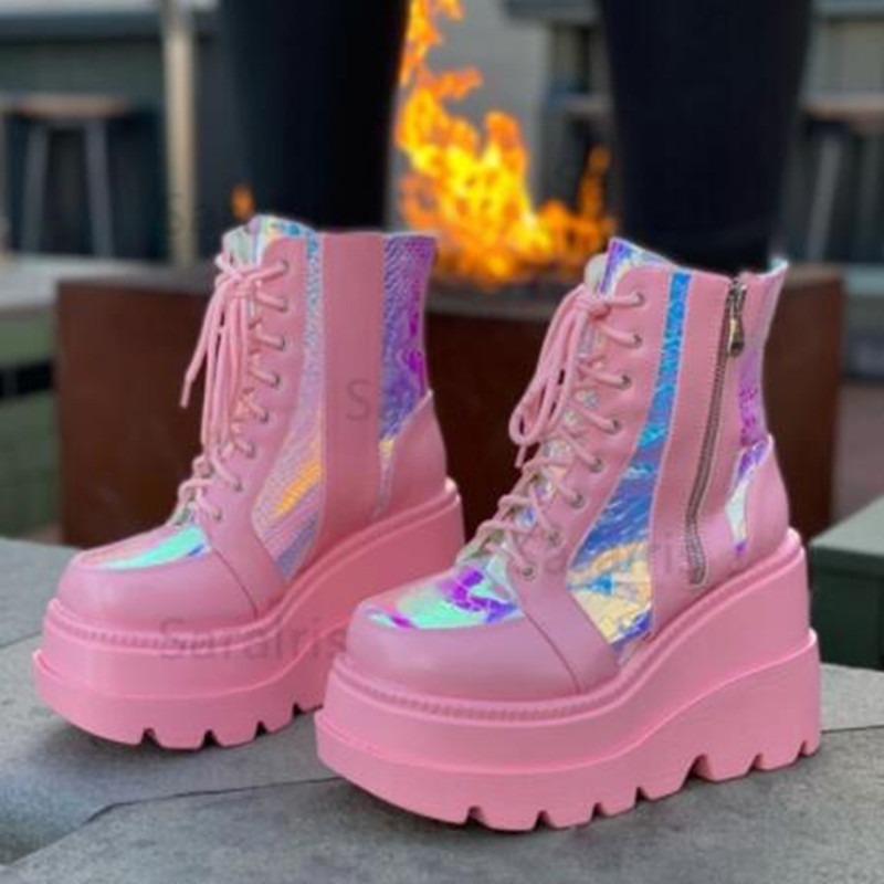 Women's Pink Holographic Platf - đánh giá và giá Block Heel Ankle Boots