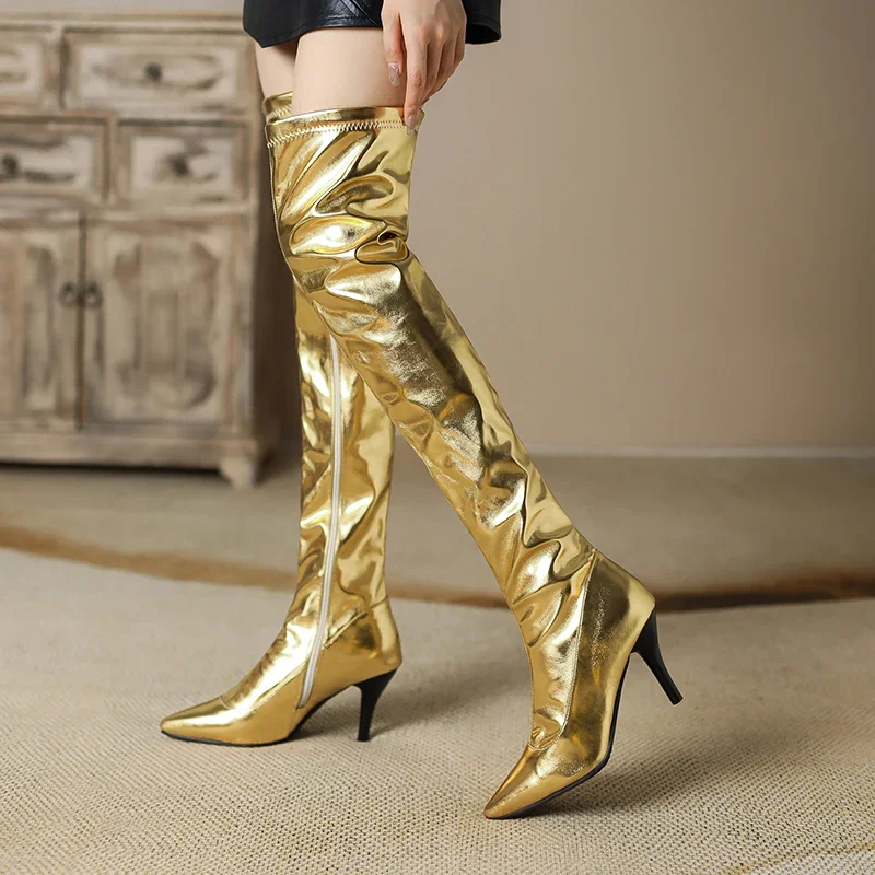 Women Thigh High Boots Silver  - đánh giá và giá Block Heel Ankle Boots