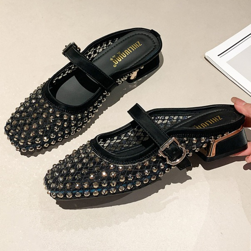 Mesh Rhinestone Chunky Heel Mu - đánh giá và giá Women Shoes Sandals