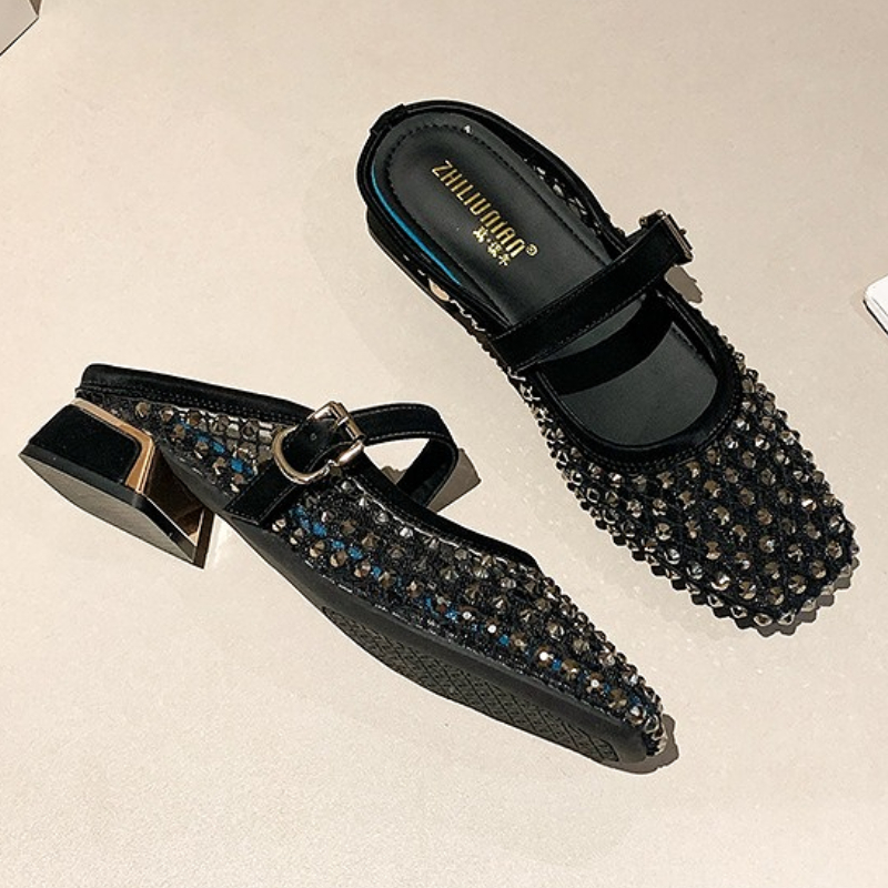 Mesh Rhinestone Chunky Heel Mu - đánh giá và giá Women Shoes Sandals